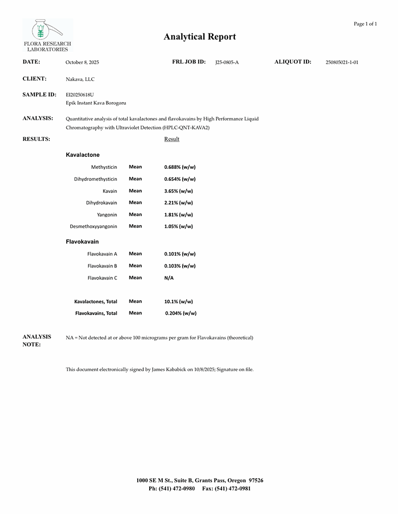 Epik instant kava Borogoru HPLC lab report from October 2025 for Nakamal At Home