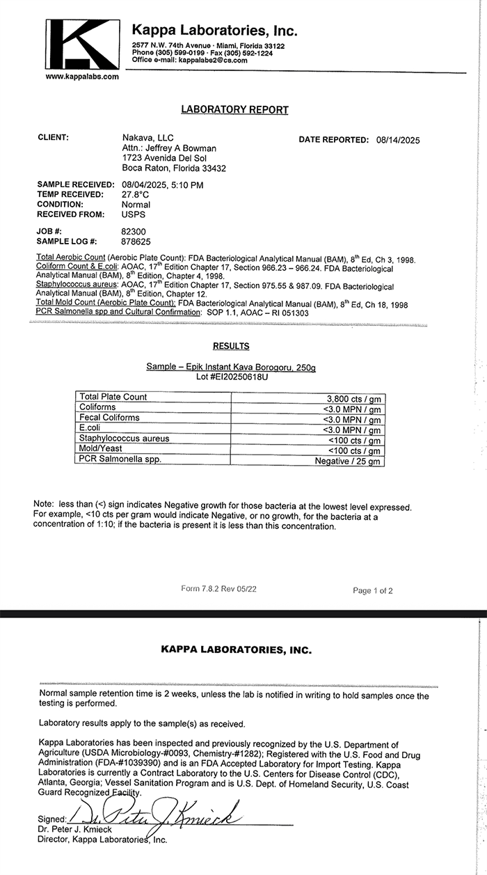 Epik Instant Kava Borogoru 125 grams microbiology report from August 2025