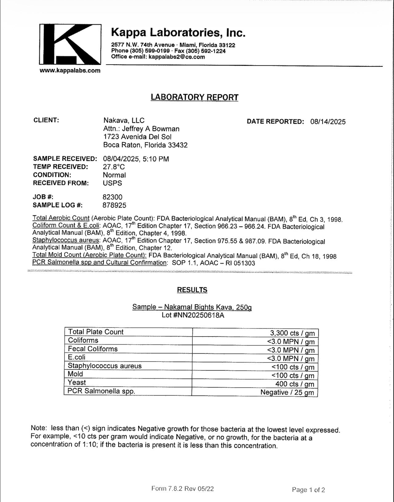 Microbiological laboratory test results for Nakamal Nights kava powder from Nakamal At Home. These results show that this kava powder is free of microbiological contaminants and safe for human consumption.