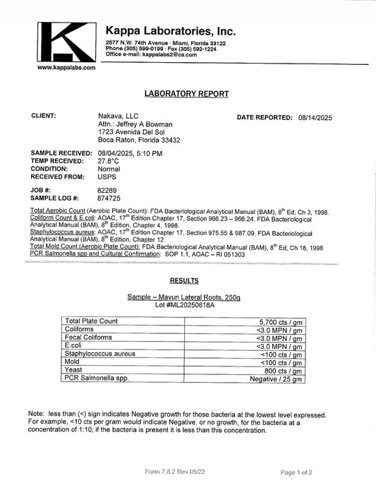 A scanned laboratory report form from Kappa Laboratories, Inc., showing client information, sample details, and a results table for Mavun lateral root kava powder from Nakamal At Home. 