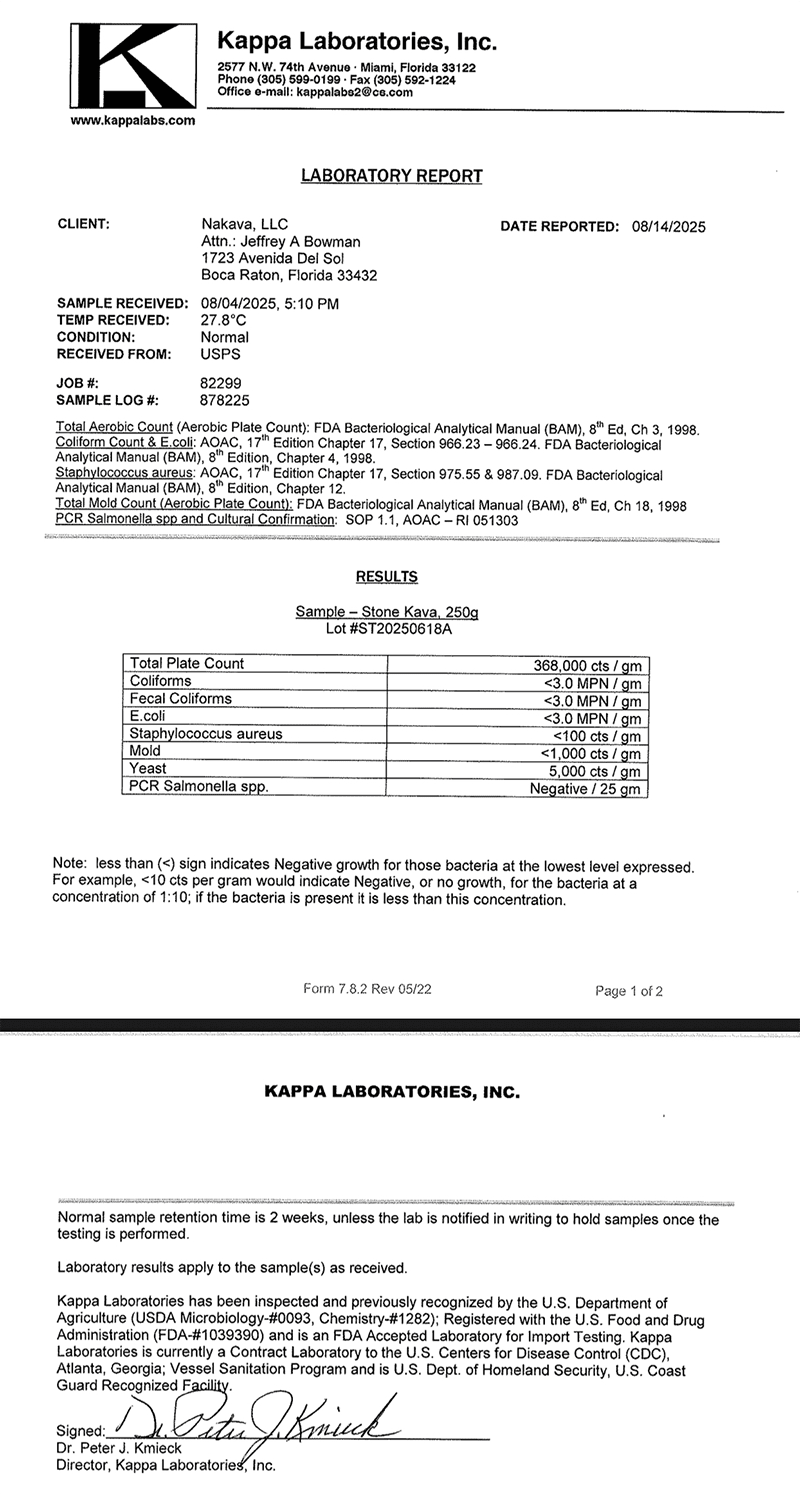 Stone Kava 500 grams microbiology report from August 2025 for Nakamal At Home