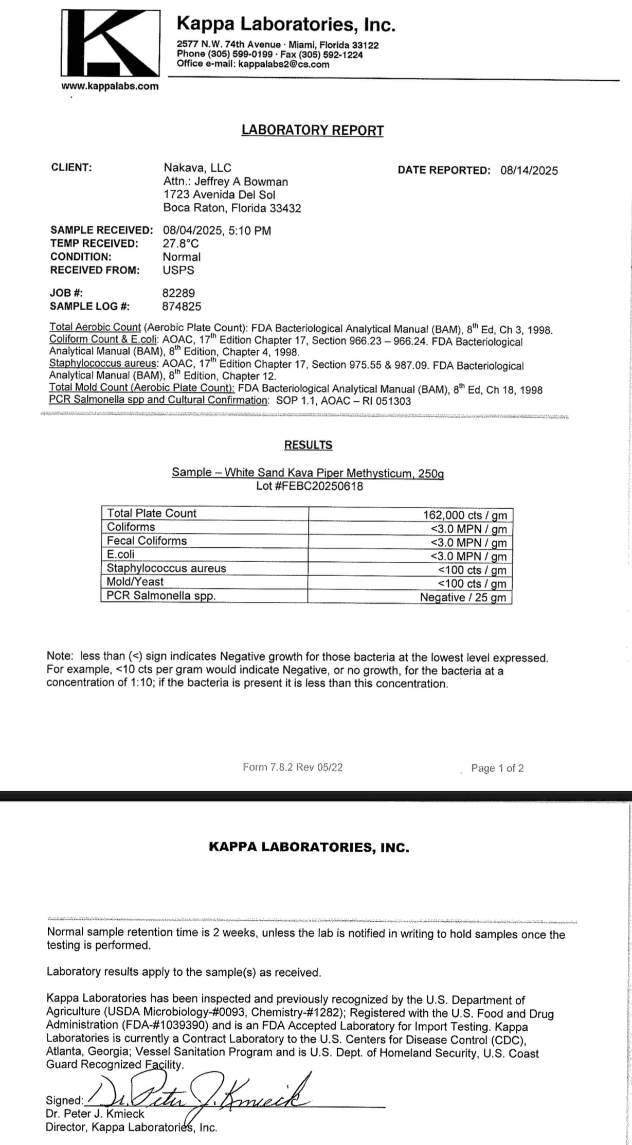 White Sand Kava 30 grams microbiology report from August 2025 for Nakamal At Home